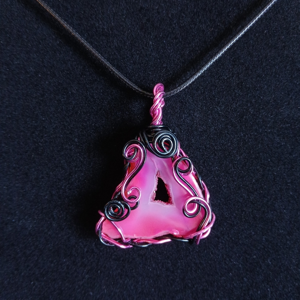 Pink agate wire wrapped pendant on black cord necklace new handmade
